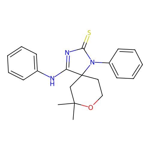 (4Z)-7,7-dimethyl-1-phenyl-4-(phenylimino)-8-oxa-1,3-diazaspiro[4.5]decane-2-thione structure