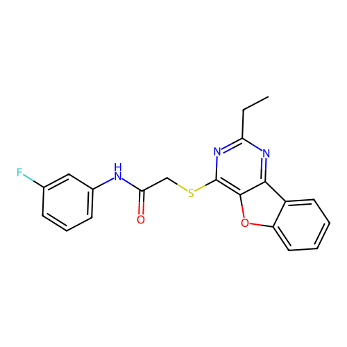 2-((2-ethylbenzofuro[3,2-d]pyrimidin-4-yl)thio)-N-(3-fluorophenyl)acetamide structure