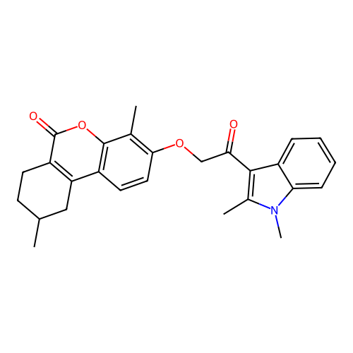 3-(2-(1,2-dimethyl-1H-indol-3-yl)-2-oxoethoxy)-4,9-dimethyl-7,8,9,10-tetrahydro-6H-benzo[c]chromen-6-one structure