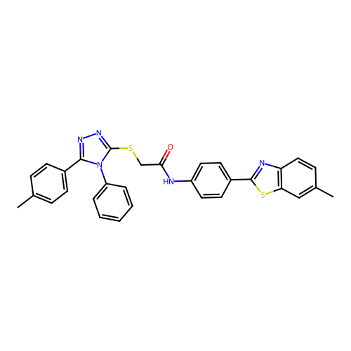 N-(4-(6-methylbenzo[d]thiazol-2-yl)phenyl)-2-((4-phenyl-5-(p-tolyl)-4H-1,2,4-triazol-3-yl)thio)acetamide structure
