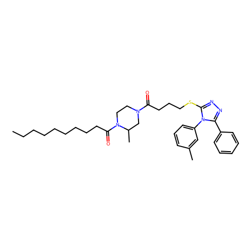 1-[2-methyl-4-[4-[[4-(3-methylphenyl)-5-phenyl-1,2,4-triazol-3-yl]sulfanyl]butanoyl]piperazin-1-yl]decan-1-one structure