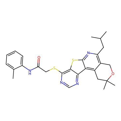 2-((5-isobutyl-2,2-dimethyl-2,4-dihydro-1H-pyrano[4'',3'':4',5']pyrido[3',2':4,5]thieno[3,2-d]pyrimidin-8-yl)thio)-N-(o-tolyl)acetamide structure