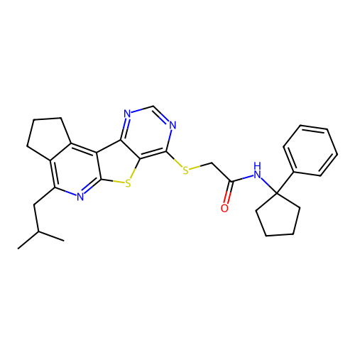 2-((4-isobutyl-2,3-dihydro-1H-cyclopenta[4',5']pyrido[3',2':4,5]thieno[3,2-d]pyrimidin-7-yl)thio)-N-(1-phenylcyclopentyl)acetamide structure