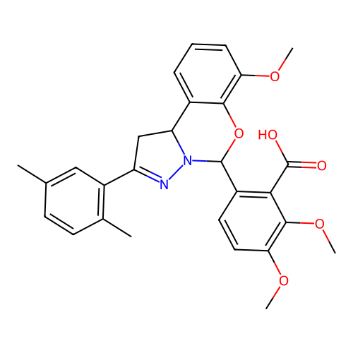 6-(2-(2,5-dimethylphenyl)-7-methoxy-5,10b-dihydro-1H-benzo[e]pyrazolo[1,5-c][1,3]oxazin-5-yl)-2,3-dimethoxybenzoic acid structure