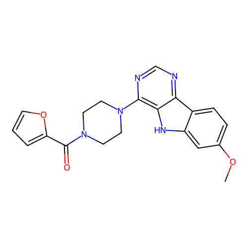 furan-2-yl(4-(7-methoxy-5H-pyrimido[5,4-b]indol-4-yl)piperazin-1-yl)methanone structure