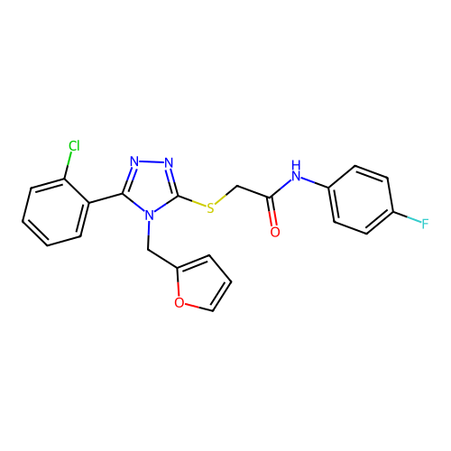 2-{[5-(2-chlorophenyl)-4-(furan-2-ylmethyl)-4H-1,2,4-triazol-3-yl]sulfanyl}-N-(4-fluorophenyl)acetamide structure