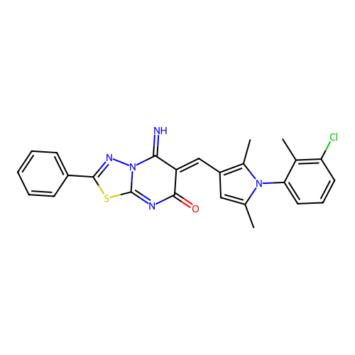 (6Z)-6-[[1-(3-chloro-2-methylphenyl)-2,5-dimethylpyrrol-3-yl]methylidene]-5-imino-2-phenyl-[1,3,4]thiadiazolo[3,2-a]pyrimidin-7-one structure