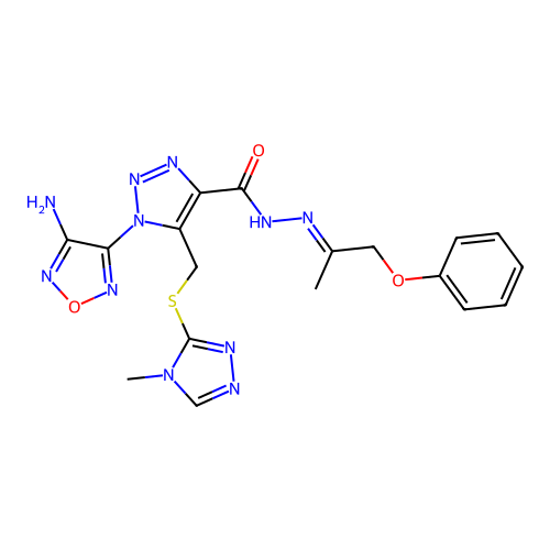 (E)-1-(4-amino-1,2,5-oxadiazol-3-yl)-5-(((4-methyl-4H-1,2,4-triazol-3-yl)thio)methyl)-N'-(1-phenoxypropan-2-ylidene)-1H-1,2,3-triazole-4-carbohydrazide structure