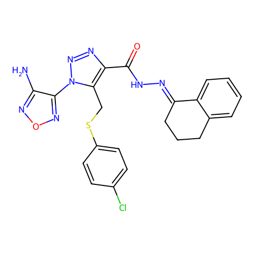 (E)-1-(4-amino-1,2,5-oxadiazol-3-yl)-5-(((4-chlorophenyl)thio)methyl)-N'-(3,4-dihydronaphthalen-1(2H)-ylidene)-1H-1,2,3-triazole-4-carbohydrazide structure