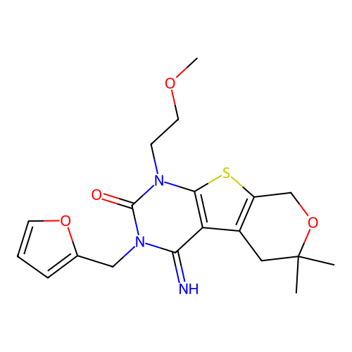 3-(furan-2-ylmethyl)-4-imino-1-(2-methoxyethyl)-6,6-dimethyl-1,3,4,5,6,8-hexahydro-2H-pyrano[4',3':4,5]thieno[2,3-d]pyrimidin-2-one structure