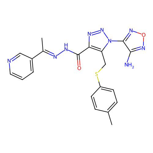 (E)-1-(4-amino-1,2,5-oxadiazol-3-yl)-N'-(1-(pyridin-3-yl)ethylidene)-5-((p-tolylthio)methyl)-1H-1,2,3-triazole-4-carbohydrazide structure