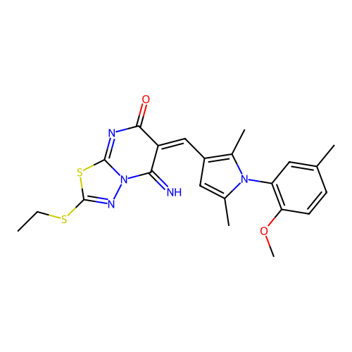 (6E)-2-(ethylsulfanyl)-5-imino-6-{[1-(2-methoxy-5-methylphenyl)-2,5-dimethyl-1H-pyrrol-3-yl]methylidene}-5,6-dihydro-7H-[1,3,4]thiadiazolo[3,2-a]pyrimidin-7-one structure