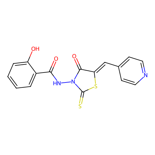 2-hydroxy-N-[(5Z)-4-oxo-5-(pyridin-4-ylmethylidene)-2-thioxo-1,3-thiazolidin-3-yl]benzamide structure