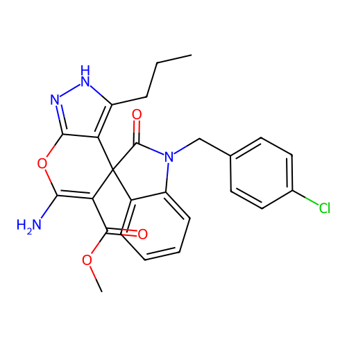 methyl 6'-amino-1-(4-chlorobenzyl)-2-oxo-3'-propyl-1'H-spiro[indoline-3,4'-pyrano[2,3-c]pyrazole]-5'-carboxylate structure