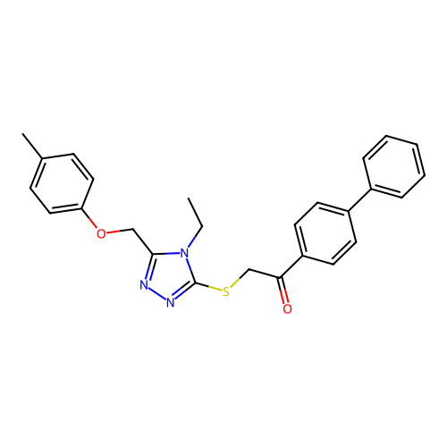2-[[4-ethyl-5-[(4-methylphenoxy)methyl]-1,2,4-triazol-3-yl]sulfanyl]-1-(4-phenylphenyl)ethanone structure
