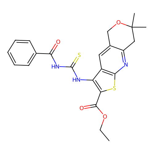 ethyl 3-(3-benzoylthioureido)-7,7-dimethyl-7,8-dihydro-5H-pyrano[4,3-b]thieno[3,2-e]pyridine-2-carboxylate structure