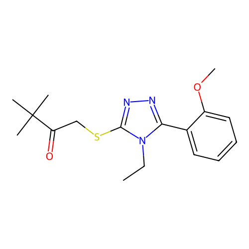 1-((4-ethyl-5-(2-methoxyphenyl)-4H-1,2,4-triazol-3-yl)thio)-3,3-dimethylbutan-2-one structure