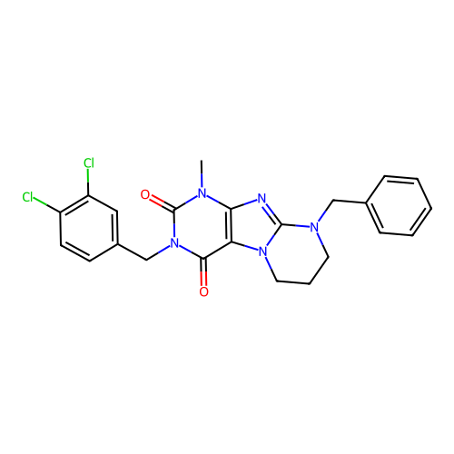 3-[(3,4-dichlorophenyl)methyl]-1-methyl-9-benzyl-1,3,5-trihydro-6H,7H,8H-1,3-d iazaperhydroino[1,2-h]purine-2,4-dione structure