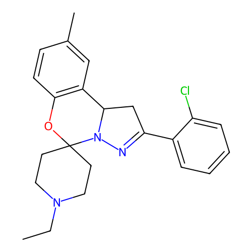 2'-(2-chlorophenyl)-1-ethyl-9'-methyl-1',10b'-dihydrospiro[piperidine-4,5'-pyrazolo[1,5-c][1,3]benzoxazine] structure