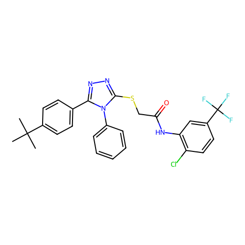 2-{[5-(4-tert-butylphenyl)-4-phenyl-4H-1,2,4-triazol-3-yl]sulfanyl}-N-[2-chloro-5-(trifluoromethyl)phenyl]acetamide structure