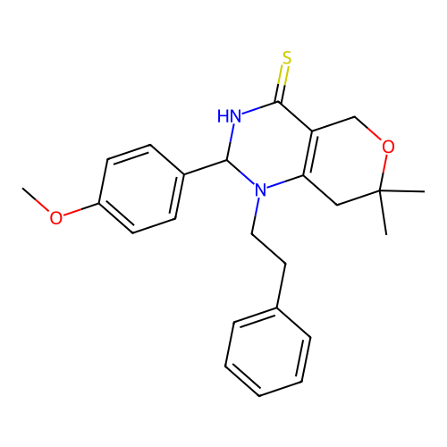 2-(4-methoxyphenyl)-7,7-dimethyl-1-(2-phenylethyl)-1,2,3,5,7,8-hexahydro-4H-pyrano[4,3-d]pyrimidine-4-thione structure