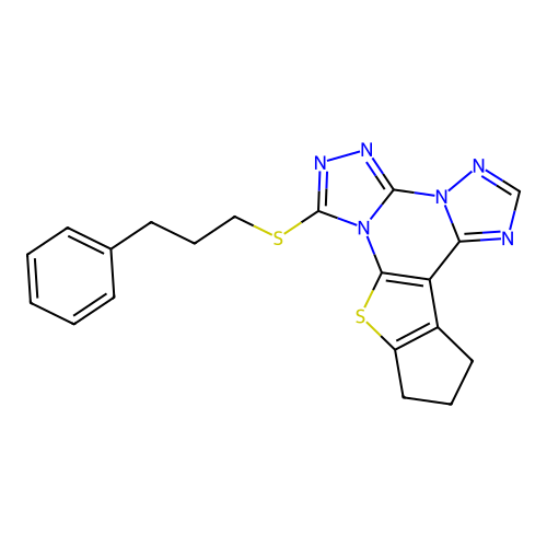 7-((3-phenylpropyl)thio)-11,12-dihydro-10H-cyclopenta[4,5]thieno[3,2-e]bis([1,2,4]triazolo)[4,3-a:1',5'-c]pyrimidine structure