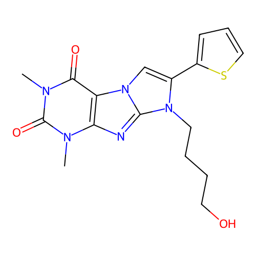 8-(4-hydroxybutyl)-1,3-dimethyl-7-(thiophen-2-yl)-1H-imidazo[2,1-f]purine-2,4(3H,8H)-dione structure