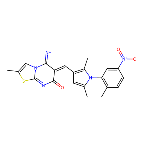 (6Z)-6-[[2,5-dimethyl-1-(2-methyl-5-nitrophenyl)pyrrol-3-yl]methylidene]-5-imino-2-methyl-[1,3]thiazolo[3,2-a]pyrimidin-7-one structure
