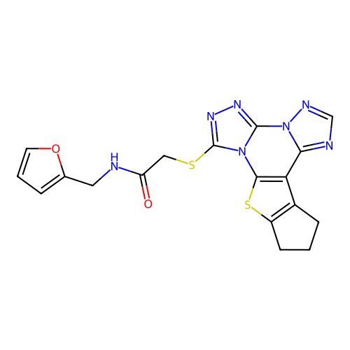 2-((11,12-dihydro-10H-cyclopenta[4,5]thieno[3,2-e]bis([1,2,4]triazolo)[4,3-a:1',5'-c]pyrimidin-7-yl)thio)-N-(furan-2-ylmethyl)acetamide structure