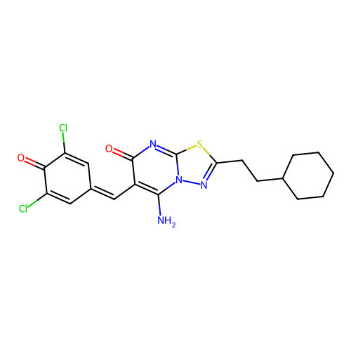 (Z)-2-(2-cyclohexylethyl)-6-(3,5-dichloro-4-hydroxybenzylidene)-5-imino-5H-[1,3,4]thiadiazolo[3,2-a]pyrimidin-7(6H)-one structure