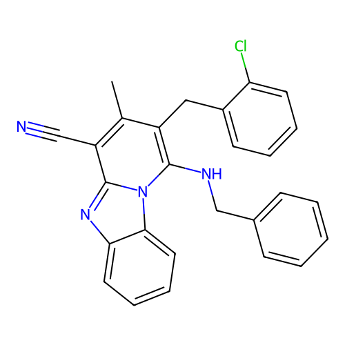 1-(benzylamino)-2-(2-chlorobenzyl)-3-methylbenzo[4,5]imidazo[1,2-a]pyridine-4-carbonitrile structure