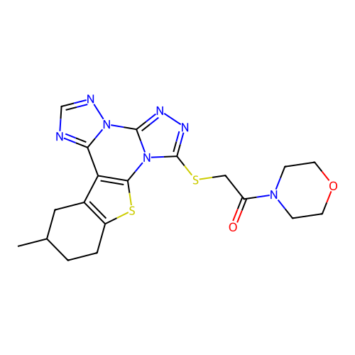2-((12-methyl-10,11,12,13-tetrahydrobenzo[4,5]thieno[3,2-e]bis([1,2,4]triazolo)[4,3-a:1',5'-c]pyrimidin-7-yl)thio)-1-morpholinoethanone structure