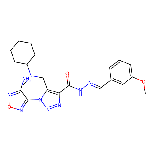 (E)-1-(4-amino-1,2,5-oxadiazol-3-yl)-5-((cyclohexyl(methyl)amino)methyl)-N'-(3-methoxybenzylidene)-1H-1,2,3-triazole-4-carbohydrazide structure