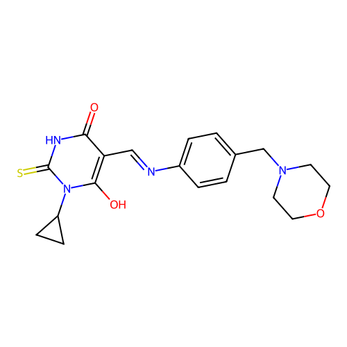 (5E)-1-cyclopropyl-5-({[4-(morpholin-4-ylmethyl)phenyl]amino}methylidene)-2-sulfanylpyrimidine-4,6(1H,5H)-dione structure