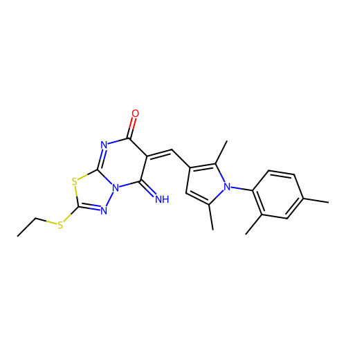 (6E)-6-[[1-(2,4-dimethylphenyl)-2,5-dimethylpyrrol-3-yl]methylidene]-2-ethylsulfanyl-5-imino-[1,3,4]thiadiazolo[3,2-a]pyrimidin-7-one structure