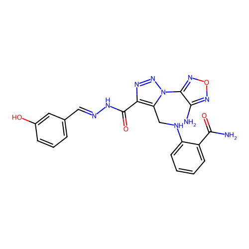(E)-2-(((1-(4-amino-1,2,5-oxadiazol-3-yl)-4-(2-(3-hydroxybenzylidene)hydrazinecarbonyl)-1H-1,2,3-triazol-5-yl)methyl)amino)benzamide structure
