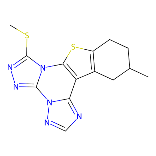 12-methyl-7-(methylsulfanyl)-10,11,12,13-tetrahydro[1]benzothieno[3,2-e]bis[1,2,4]triazolo[4,3-a:1',5'-c]pyrimidine structure