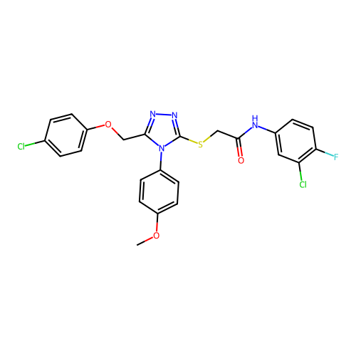 N-(3-chloro-4-fluorophenyl)-2-((5-((4-chlorophenoxy)methyl)-4-(4-methoxyphenyl)-4H-1,2,4-triazol-3-yl)thio)acetamide structure