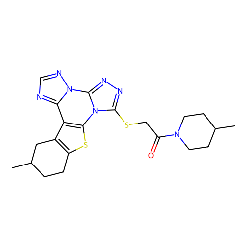 1-(4-methylpiperidin-1-yl)-2-[(12-methyl-10,11,12,13-tetrahydro[1]benzothieno[3,2-e]bis[1,2,4]triazolo[4,3-a:1',5'-c]pyrimidin-7-yl)sulfanyl]ethanone structure
