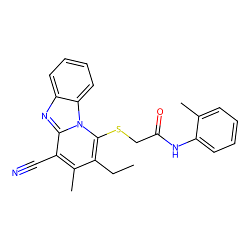 2-[(4-cyano-2-ethyl-3-methylpyrido[1,2-a]benzimidazol-1-yl)sulfanyl]-N-(2-methylphenyl)acetamide structure
