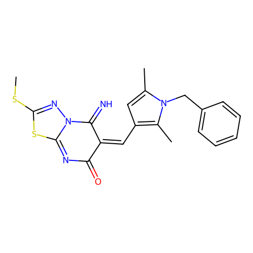 (6E)-6-[(1-benzyl-2,5-dimethyl-1H-pyrrol-3-yl)methylidene]-5-imino-2-(methylsulfanyl)-5,6-dihydro-7H-[1,3,4]thiadiazolo[3,2-a]pyrimidin-7-one structure