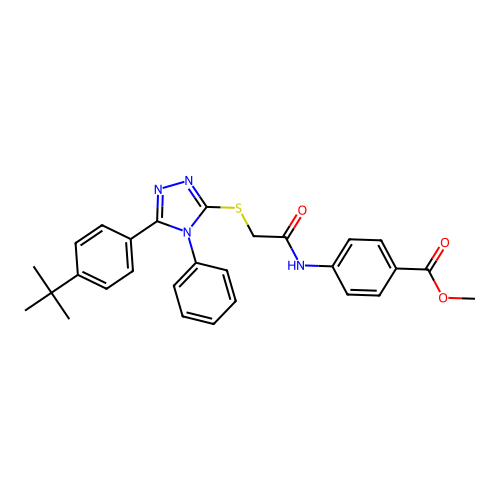 methyl 4-(2-((5-(4-(tert-butyl)phenyl)-4-phenyl-4H-1,2,4-triazol-3-yl)thio)acetamido)benzoate structure