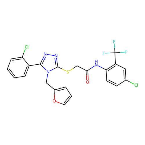 2-[[5-(2-chlorophenyl)-4-(furan-2-ylmethyl)-1,2,4-triazol-3-yl]sulfanyl]-N-[4-chloro-2-(trifluoromethyl)phenyl]acetamide structure