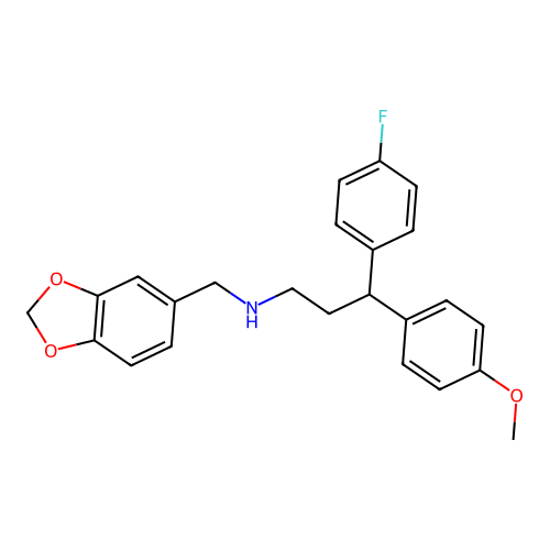N-(1,3-benzodioxol-5-ylmethyl)-3-(4-fluorophenyl)-3-(4-methoxyphenyl)propan-1-amine structure