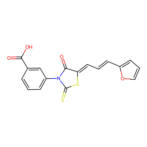 3-((Z)-5-((E)-3-(furan-2-yl)allylidene)-4-oxo-2-thioxothiazolidin-3-yl)benzoic acid structure