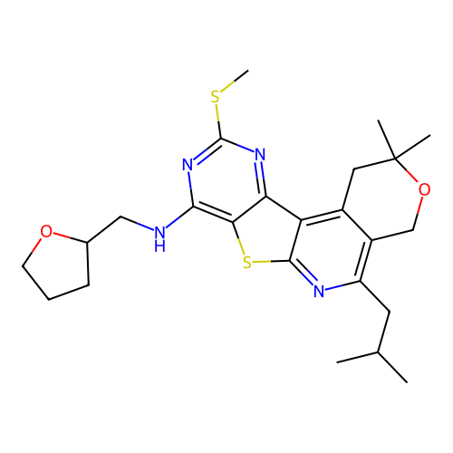 2,2-dimethyl-5-(2-methylpropyl)-10-(methylsulfanyl)-N-(tetrahydrofuran-2-ylmethyl)-1,4-dihydro-2H-pyrano[4'',3'':4',5']pyrido[3',2':4,5]thieno[3,2-d]pyrimidin-8-amine structure