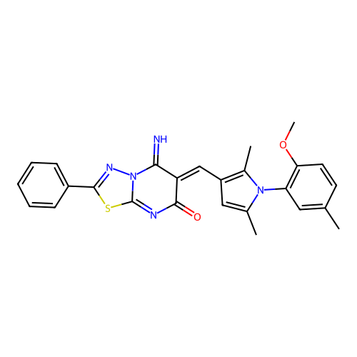 (6Z)-5-imino-6-[[1-(2-methoxy-5-methylphenyl)-2,5-dimethylpyrrol-3-yl]methylidene]-2-phenyl-[1,3,4]thiadiazolo[3,2-a]pyrimidin-7-one structure