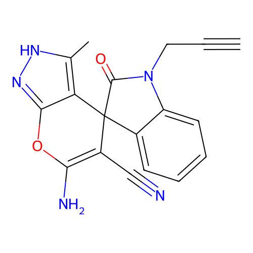 6'-amino-3'-methyl-2-oxo-1-(prop-2-yn-1-yl)-1'H-spiro[indoline-3,4'-pyrano[2,3-c]pyrazole]-5'-carbonitrile structure