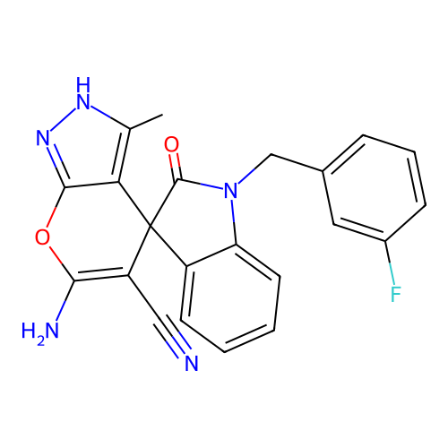 6'-amino-1-(3-fluorobenzyl)-3'-methyl-2-oxo-1,2-dihydro-1'H-spiro[indole-3,4'-pyrano[2,3-c]pyrazole]-5'-carbonitrile structure