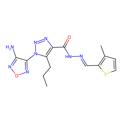 (E)-1-(4-amino-1,2,5-oxadiazol-3-yl)-N'-((3-methylthiophen-2-yl)methylene)-5-propyl-1H-1,2,3-triazole-4-carbohydrazide structure